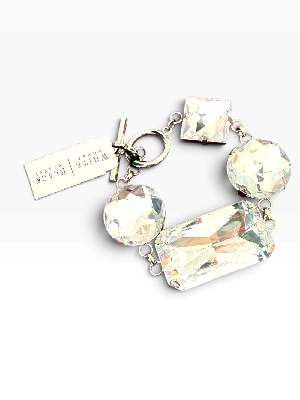 WHBM Oversized Clear Crystal Silver Toggle Statement Bracelet NWT